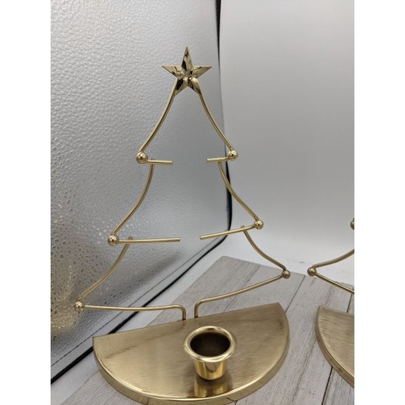 Set 3 Christmas Tree Candlestick Holder Wall Table Decor Metal Gold Brass 8 1/2" - Picture 4 of 7